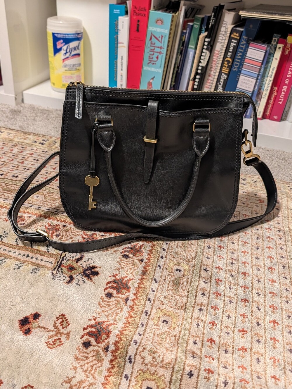 Fossil Black Leather Satchel with Key Charm